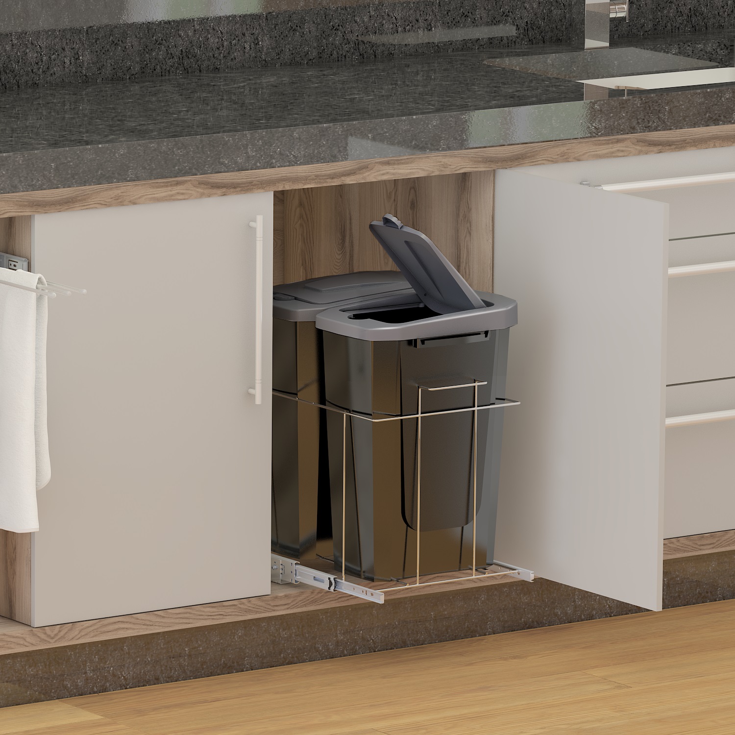 LIXEIRA DUPLA 15LT COM BALDE PRETO TAMPA CINZA COM CLIC H475/L330/P450  ARAMADO CROMADO - Foto 1