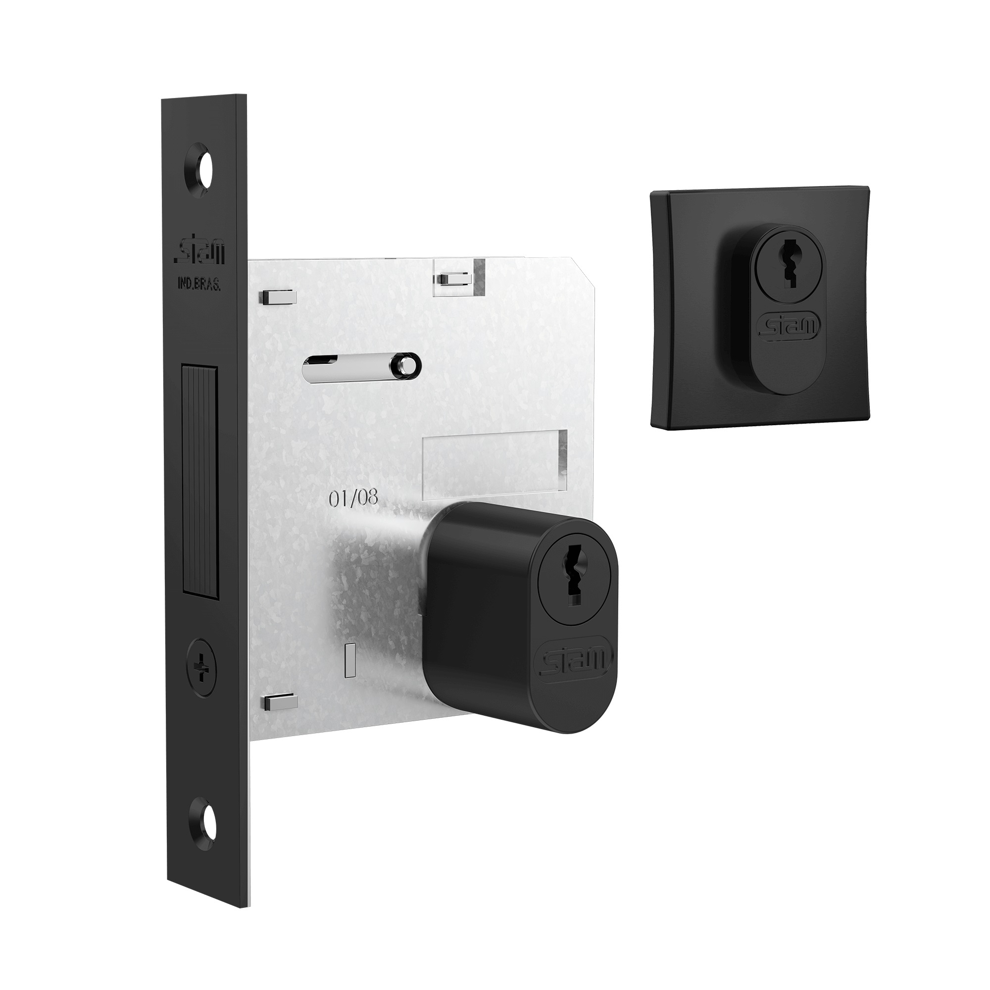 FECHADURA 1007 DE SEGURANA 69MM ROSETA QUADRADA PRETO FOSCO