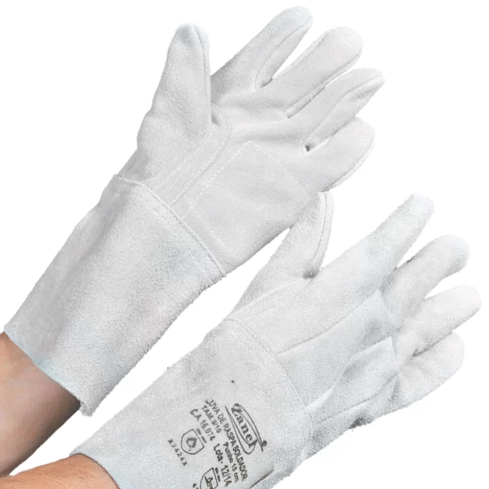 LUVA EM RASPA TOTAL PUNHO 15CM COM REFORO INTERNO SOLDADOR CA ZANEL