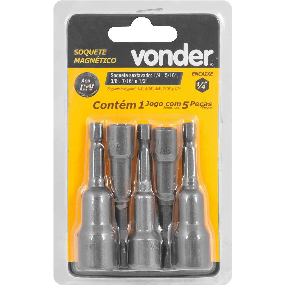 JOGO DE SOQUETE MAGN�TICO POLEGADA COM 5 PE�AS 1/4, 5/16, 3/8, 7/16 E 1/2 - Foto 1
