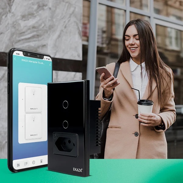 INTERRUPTOR INTELIGENTE TOUCH 2.5D 1 BOTAO PRETO VIDRO/ABS 4X2 + TOMADA 2P+T 20A (WI-FI) EKAT-T218-1PB - Foto 4