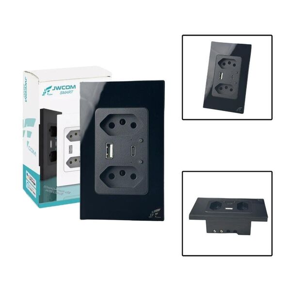 TOMADA INTELIGENTE 2.5D DUPLA 2P+T 16A + USB-A + USB-C PRETO 4X2 - Foto 1