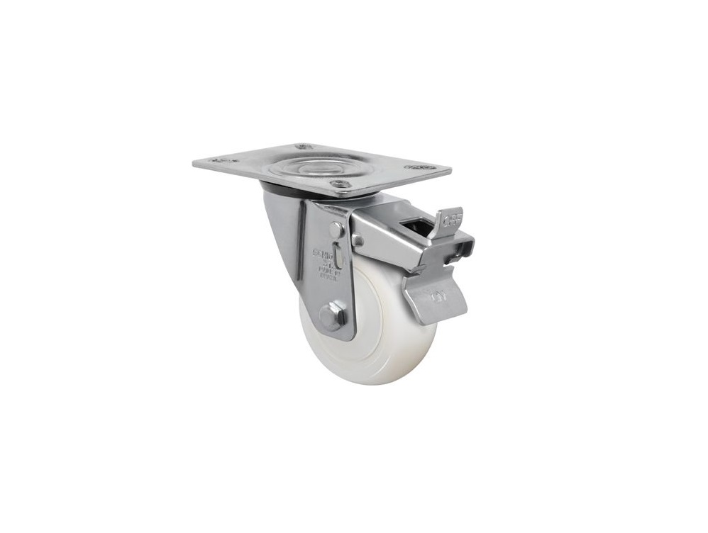 RODIZO GIRATRIO INOX 412 GL 4X1.1/4 NYLON POLIAMIDA BRANCO COM FREIO PLACA 80X105MM CAPACIDADE 170KG  - Foto 1
