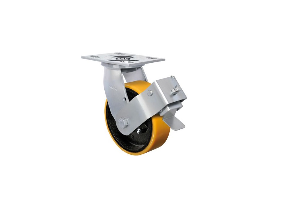 RODIZO GIRATRIO GM42 4X2 NUCLEO FERRO FUNDIDO REVESTIDO POLIURETANO MOLDADO COM FREIO PLACA 130X140MM CAP.500KG SCHIOP - Foto 1